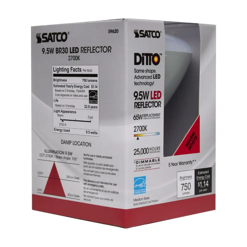 Satco S9620 9.5 Watt; BR30 LED; 105 deg. Beam Angle; 2700K; Medium base; 120 Volt; Dimmable Satco S9620 9.5 Watt; BR30 LED; 105 deg. Beam Angle; 2700K; Medium base; 120 Volt; Dimmable - Image 1