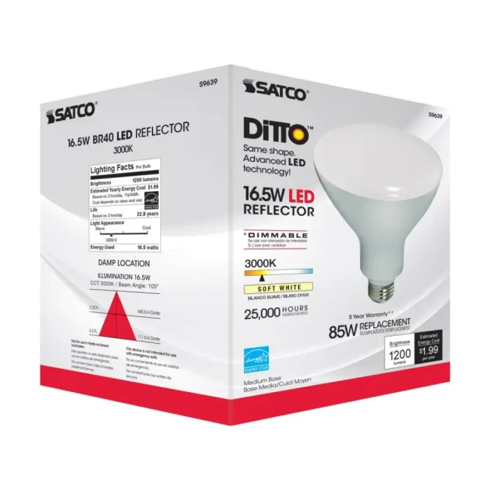 Satco S9639 16.5 Watt; LED BR40; 3000K; 103 deg. Beam Angle; Medium base; 120 Volt; Dimmable - Image 1
